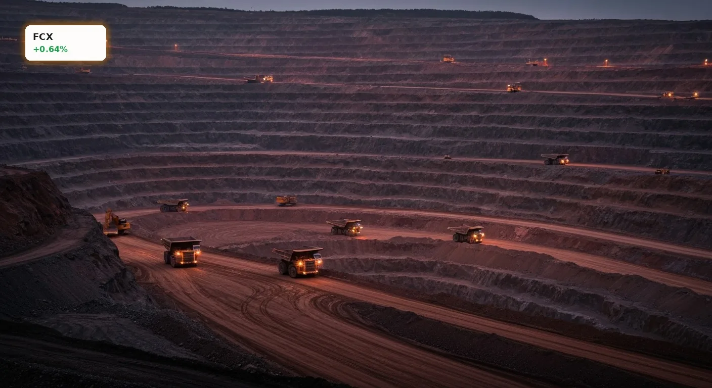 Gigantische Kupfermine bei Sonnenuntergang, zeigt den Rohstoffabbau, der Freeport-McMoRan Gewinnmitnahmen beeinflusst.