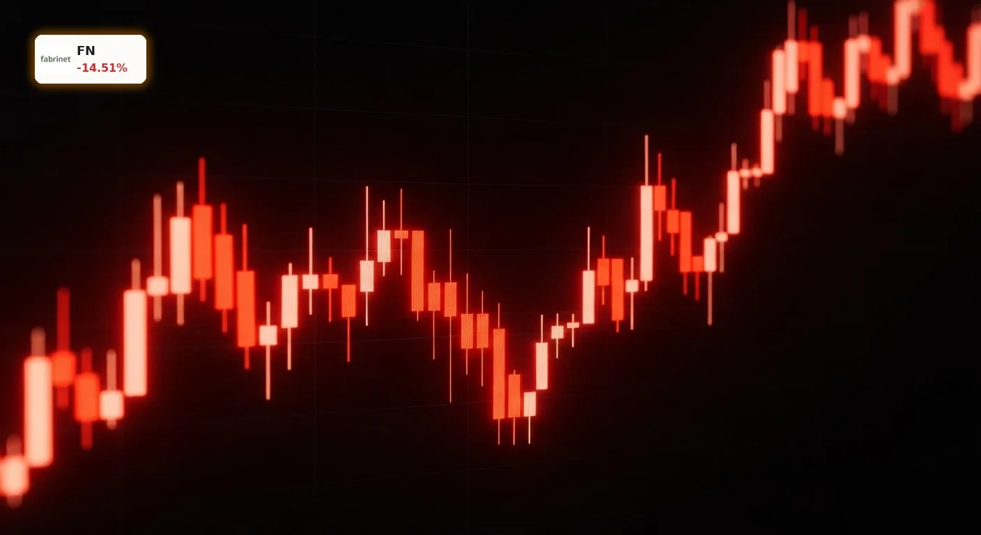 Fabrinet Quartal: -14.5% Crash trotz Rekordumsatz und Allzeithoch 3 Abstrakter, stilisierter Candlestick-Chart mit starkem rotem Glow, der einen dramatischen Kurssturz nach dem Fabrinet Quartal darstellt.