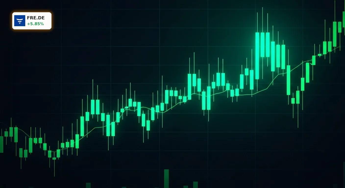 Grüner, stilisierter Candlestick-Chart zeigt starke Aufwärtsbewegung nach positiven Fresenius Quartalszahlen.