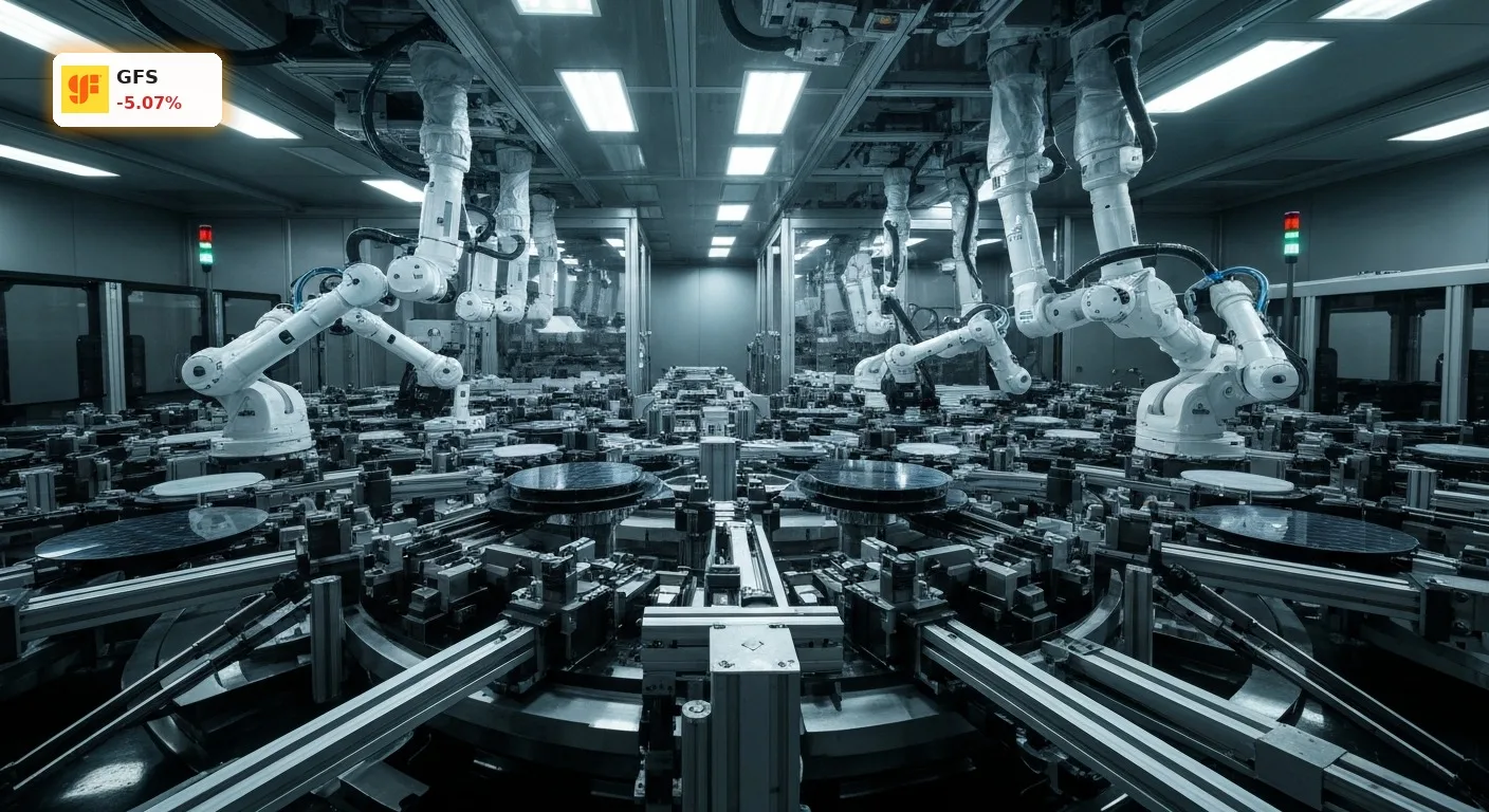 Ein hochmoderner Halbleiter-Reinraum mit Robotern, die Silizium-Wafer handhaben, symbolisiert das GlobalFoundries Quartal.