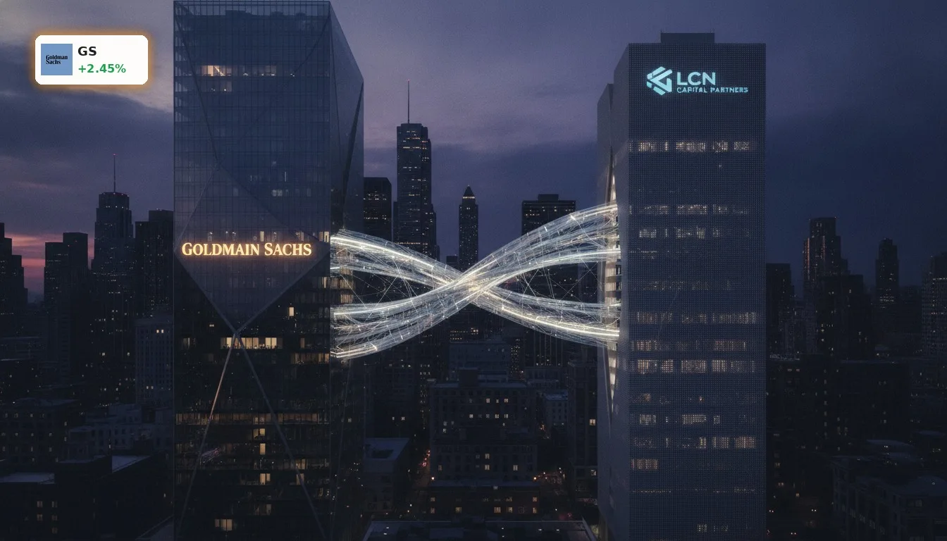 Zwei moderne Gebäude, eines mit Goldman Sachs Logo, verbinden sich symbolisch vor einer dunklen Skyline, Darstellung einer Goldman Sachs Akquisition.
