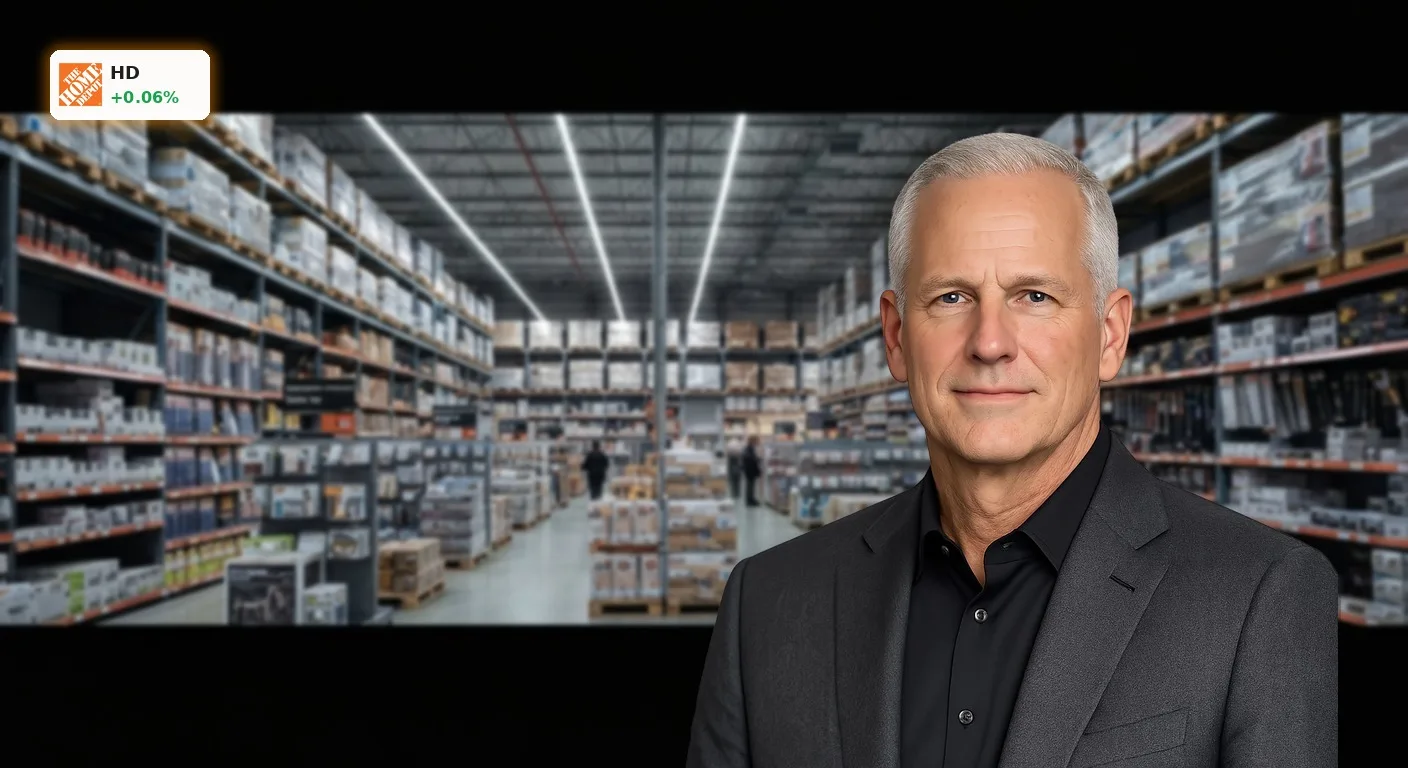 Home Depot CEO nimmt Auszeit: Wie reagiert der Markt vor den Q2-Zahlen? 3 Innenansicht eines großen, modernen Home Depot Baumarkts mit langen Gängen und Regalen voller Produkte, Home Depot CEO.