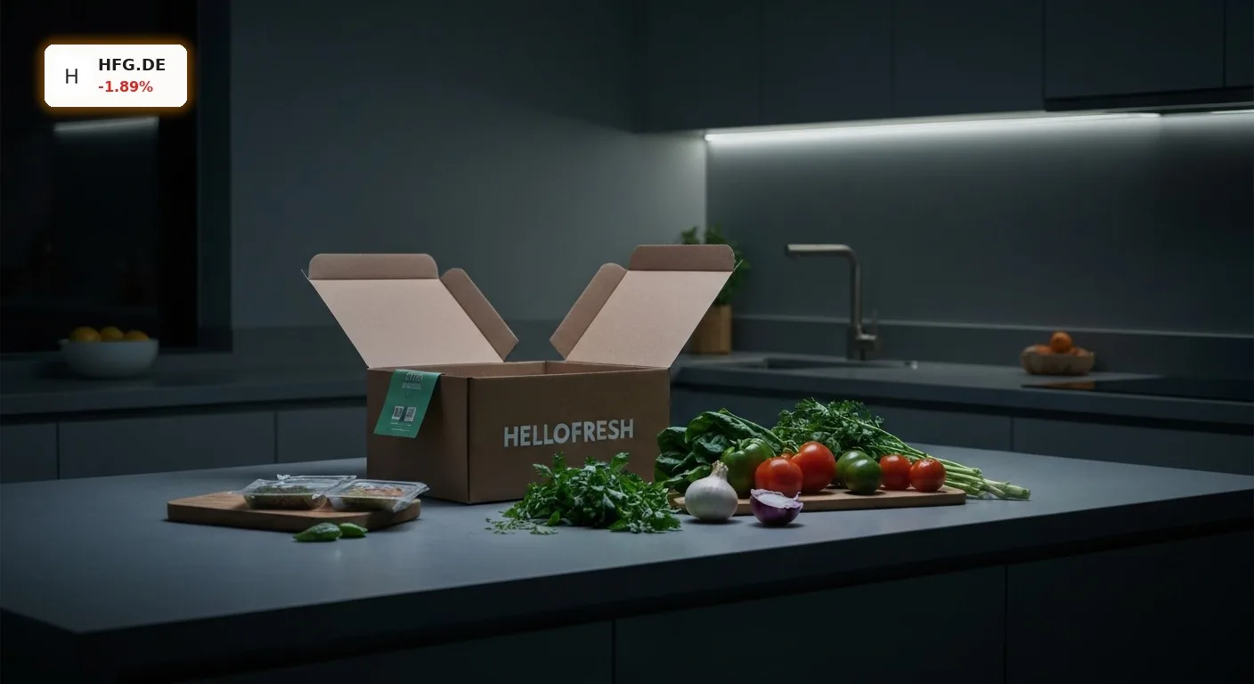 HelloFresh Quartalszahlen: Umsatz und Margen weiter unter Druck 4 Teilweise geöffnete HelloFresh Kochbox auf einer Küchentheke, die reduzierte Bestellungen und Sparmaßnahmen symbolisiert. HelloFresh Quartalszahlen.