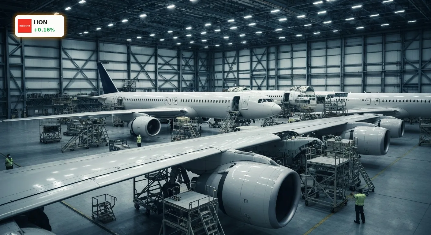 Honeywell Aerospace Quartal: Prognose-Schock nach enttäuschenden Zahlen 4 Moderner Flugzeughangar bei Dämmerung, Flugzeugteile in Wartung, symbolisiert Herausforderungen im Honeywell Aerospace Quartal.