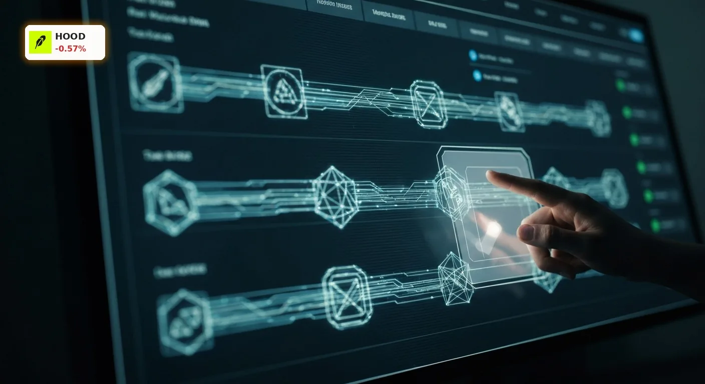 Robinhood Tokenisierung: Strategische Chance im 47 Mio. $ RWA-Markt 2 Digitales Handelsinterface mit fließenden Datenströmen und geometrischen Formen, die Robinhood Tokenisierung von Real World Assets darstellen.
