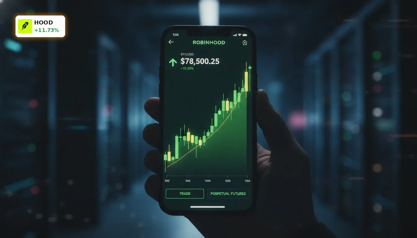 Smartphone mit Robinhood App und steigendem Krypto-Chart für Robinhood Perpetual Futures.