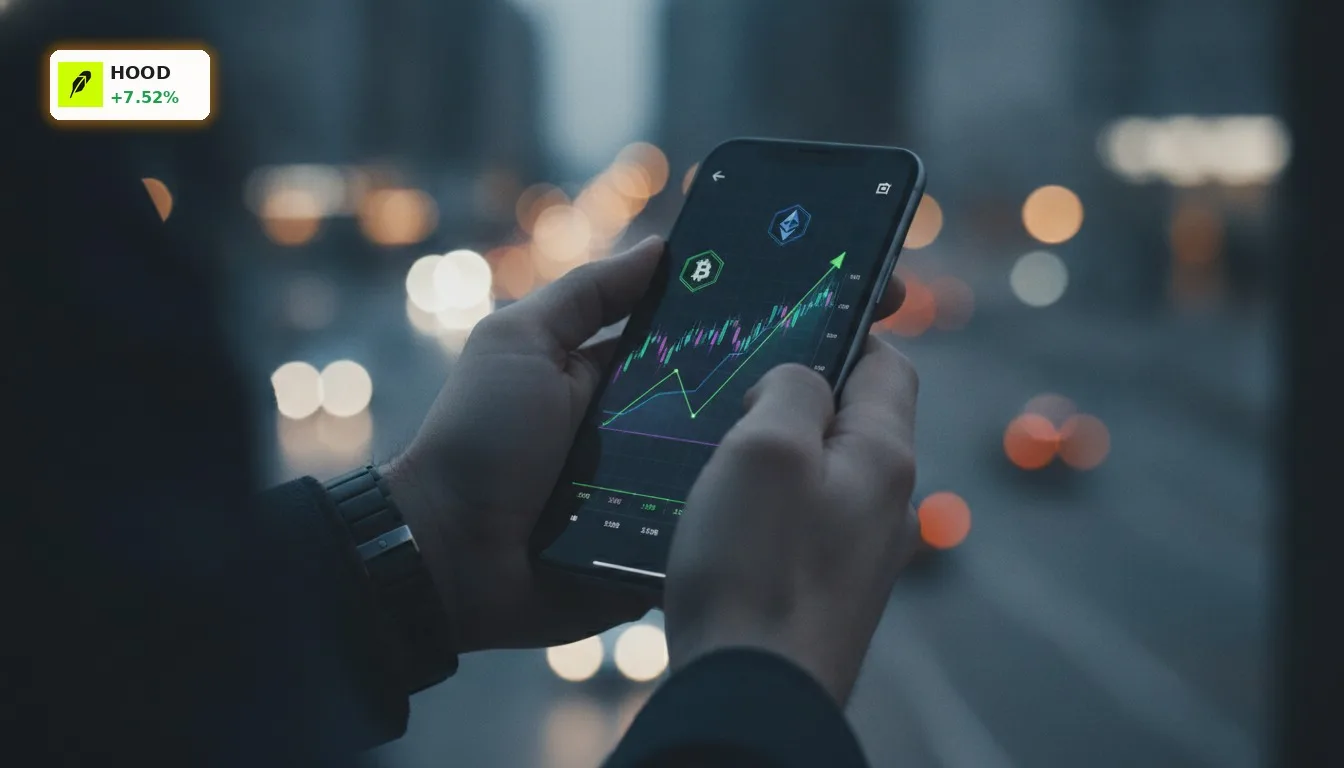 Hände halten Smartphone mit Robinhood Krypto Handelsapp und steigenden Kursen auf dem Display.