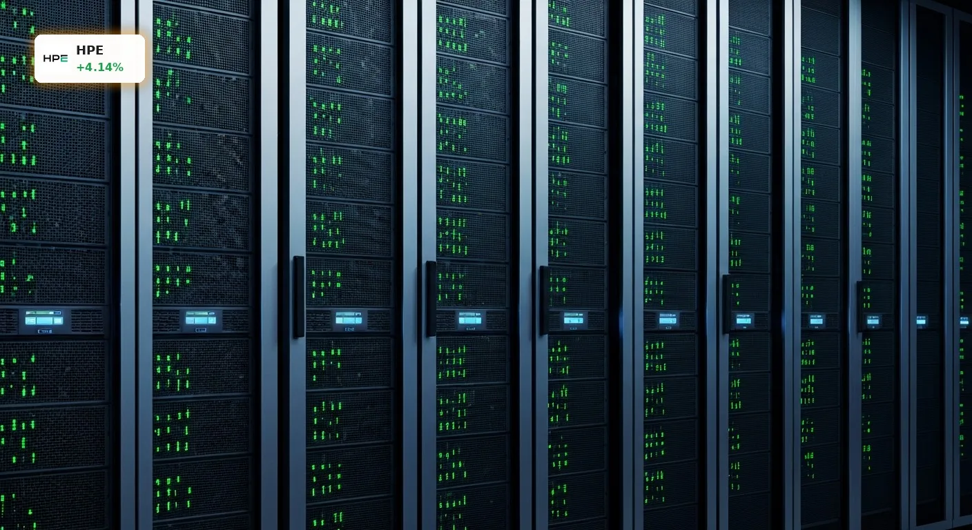 Modernes Rechenzentrum mit leuchtenden Server-Racks, das die Infrastruktur für die HPE Aufwertung durch KI-Boom symbolisiert.
