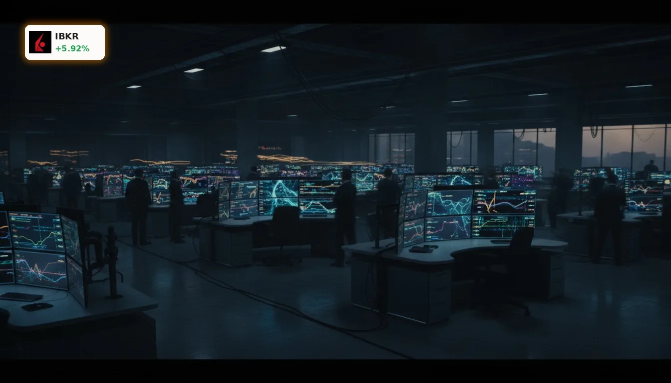 Interactive Brokers Kundenkonten: 34% Wachstum im Q2 2026 – Eine Chance? 3 Moderner Handelssaal mit vielen Bildschirmen, die Finanzdaten zeigen, symbolisiert Wachstum der Interactive Brokers Kundenkonten.