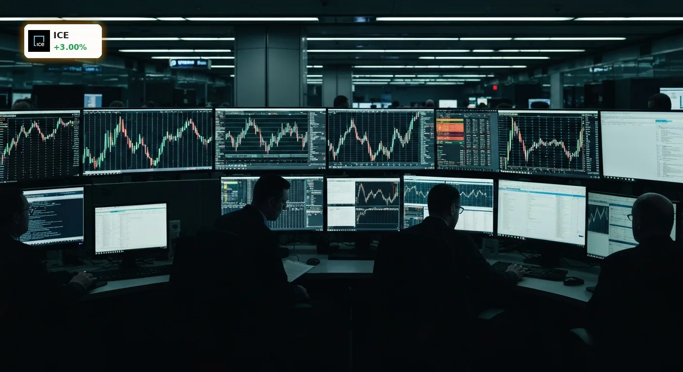 Intercontinental Exchange Kursanalyse: Aktie steigt um 3% nach wichtigem Durchbruch 4 Dynamischer Handelssaal bei Sonnenaufgang, viele Bildschirme mit Finanzdaten. Intercontinental Exchange Kursanalyse.