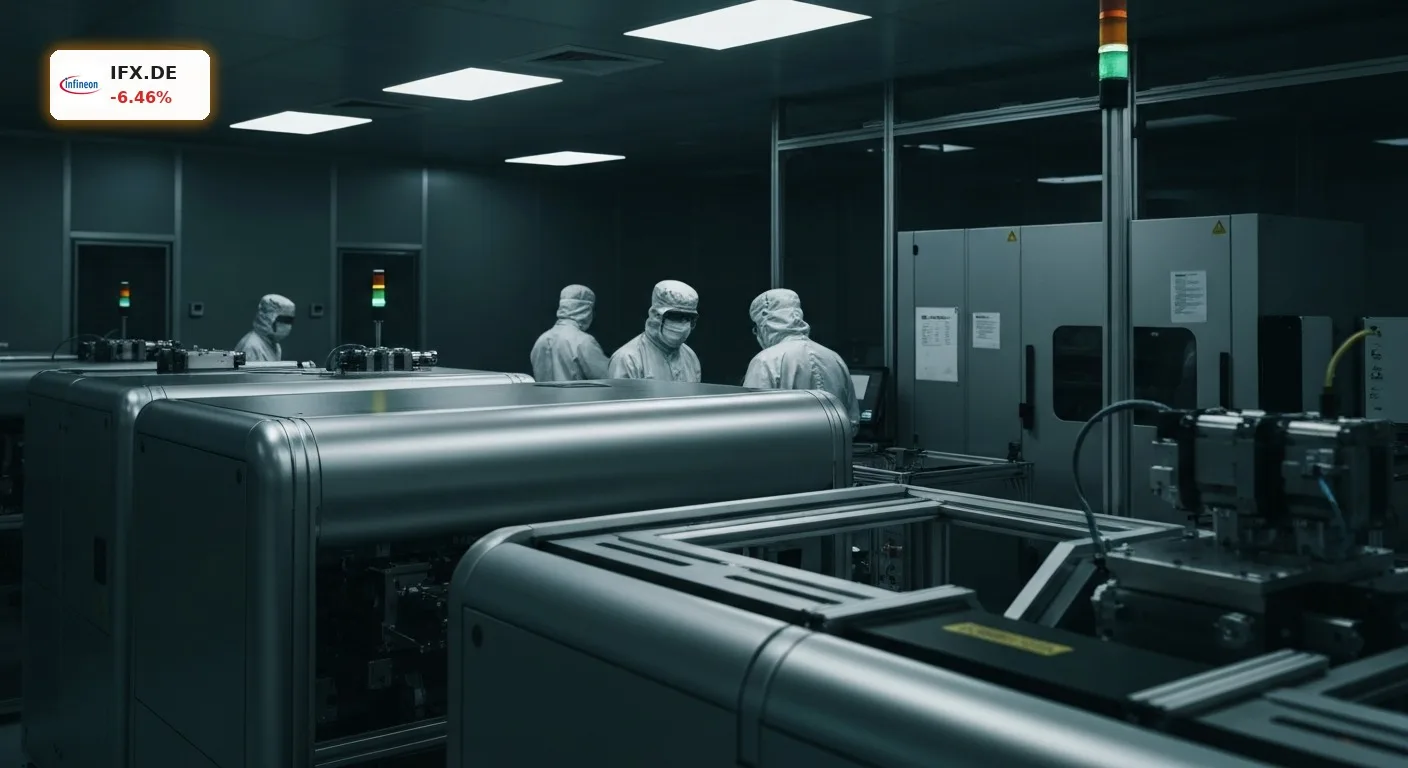Infineon Kursrückgang um 6,46%: Halbleiter unter Zinsdruck 14 Moderner Halbleiter-Reinraum mit komplexen Maschinen und Arbeitern in Schutzkleidung, Kontext Infineon Kursrückgang.