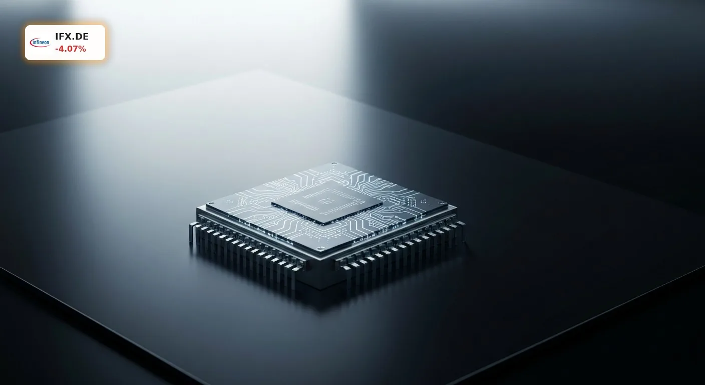 Nahaufnahme eines modernen Infineon SiC-Halbleiterchips, der Effizienz und Technologie für die Infineon Kursanalyse symbolisiert.
