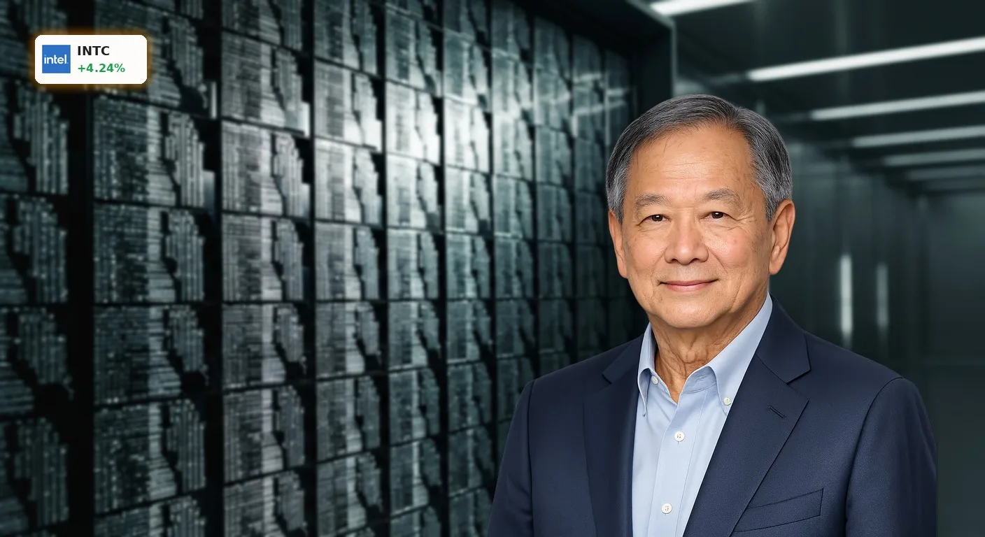 Nahaufnahme eines modernen Silizium-Wafers mit leuchtenden Schaltkreisen, symbolisiert die Intel Aktiemission.