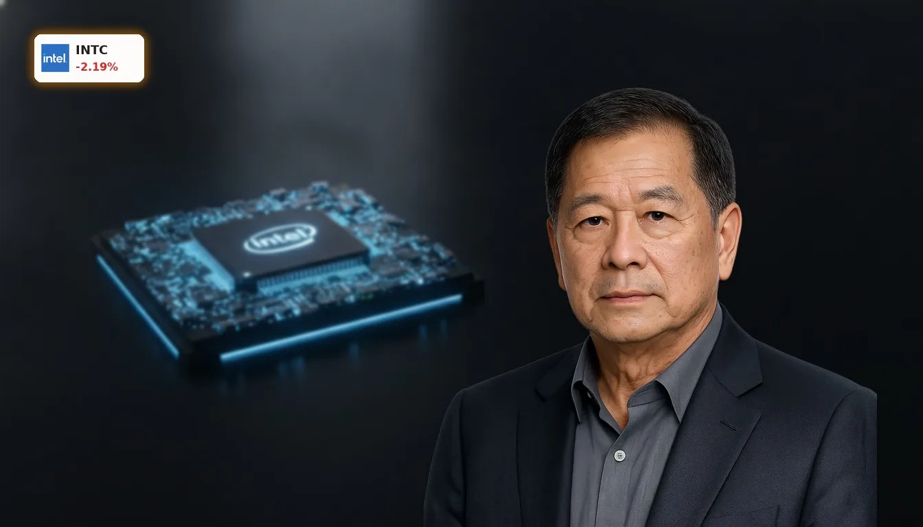 Nahaufnahme eines futuristischen Intel Prozessorchips mit blauen und grünen Lichtern, symbolisch für die Intel Aktienplatzierung.