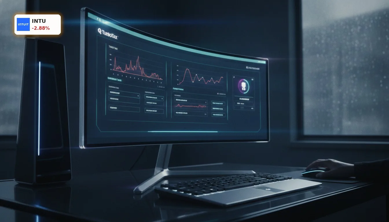 Finanzsoftware-Interface von Intuit auf einem modernen Bildschirm, das Intuit Quartalszahlen und KI-Integration darstellt.