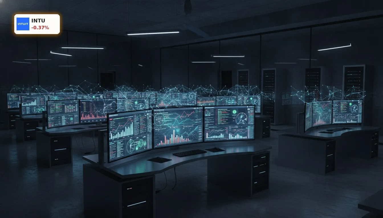 Moderne Finanzsoftware-Entwicklungsumgebung bei Nacht mit leuchtenden Bildschirmen und komplexen Datenvisualisierungen, die die Intuit Prognose und den Einfluss von KI symbolisieren.
