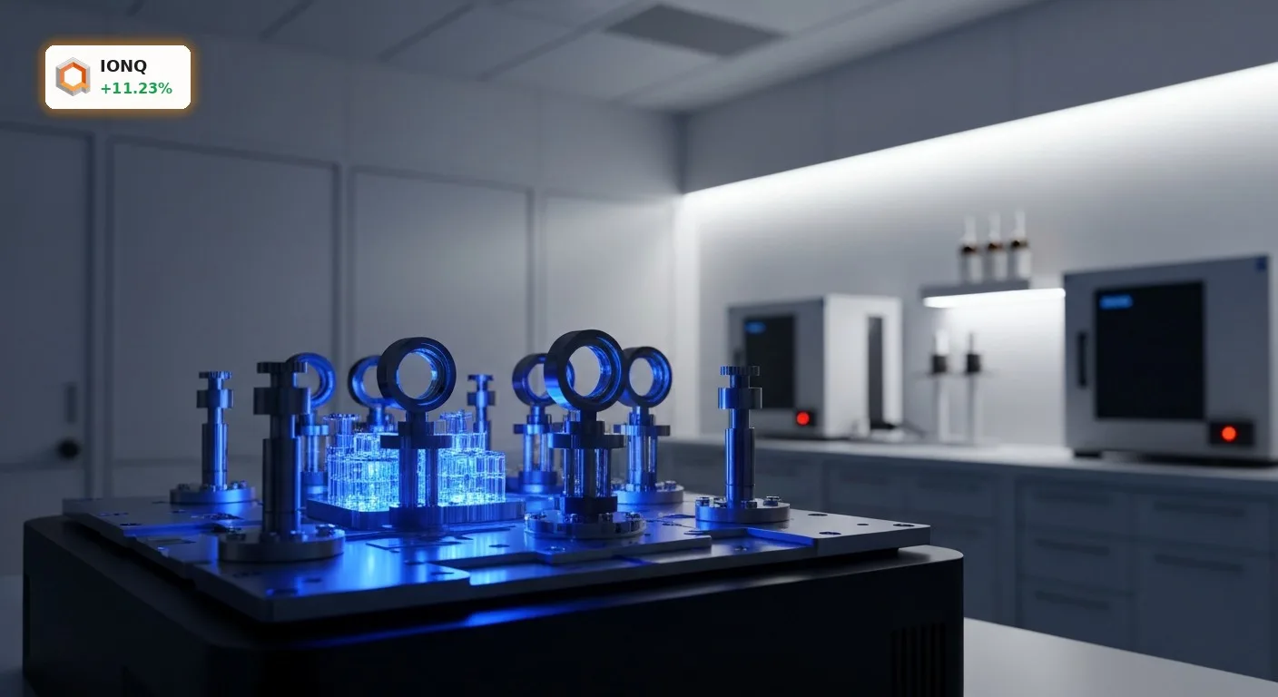IonQ Quartal SkyWater: +11% Rallye nach Milliarden-Deal und Rekordumsatz 2 Nahaufnahme einer leuchtenden Ionenfallen-Quantenhardware von IonQ, symbolisch für das IonQ Quartal SkyWater.