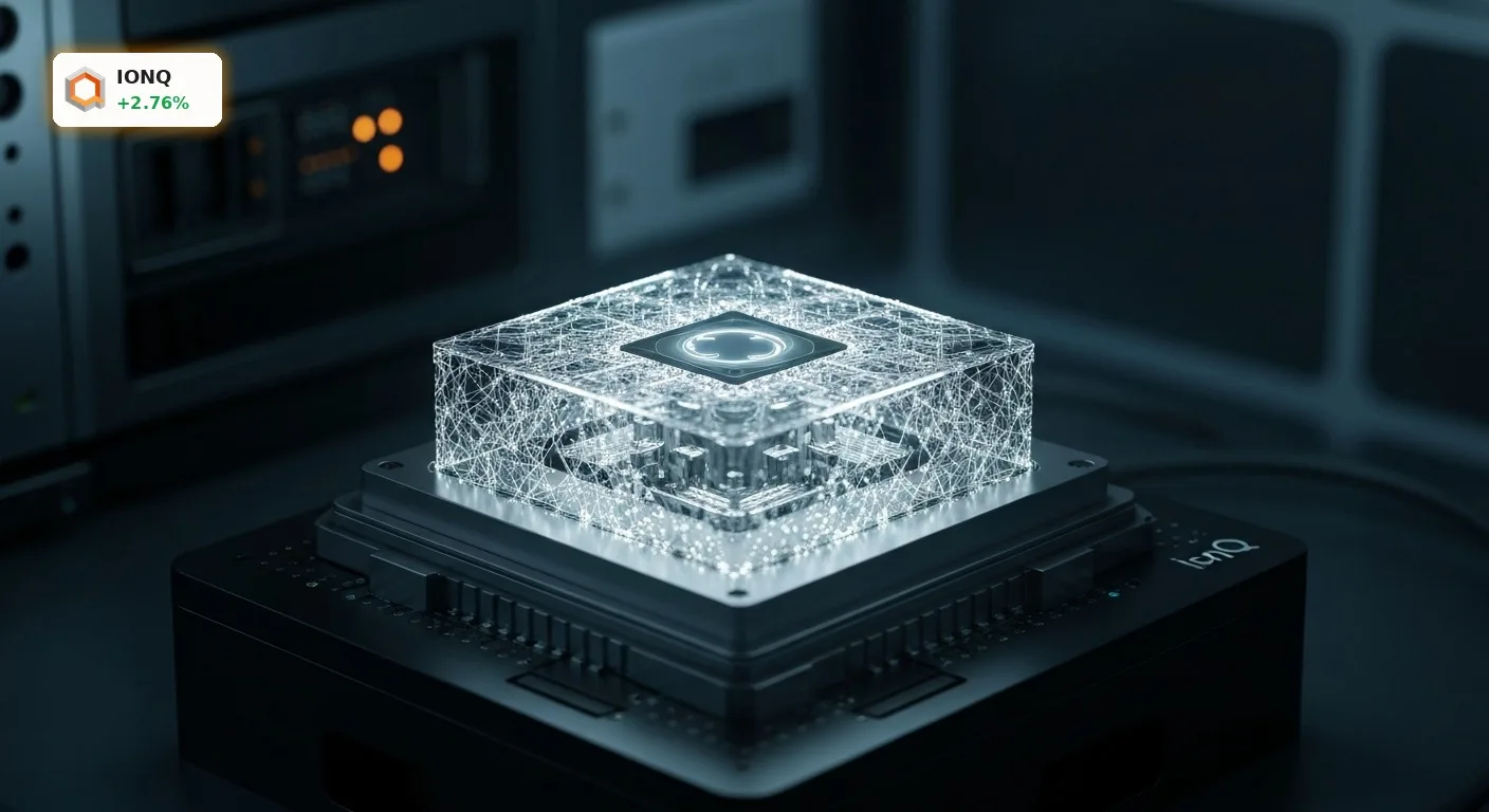 Nahaufnahme einer leuchtenden IonQ Quantencomputer-Hardware in einem futuristischen Labor nach der IonQ FTC-Freigabe.