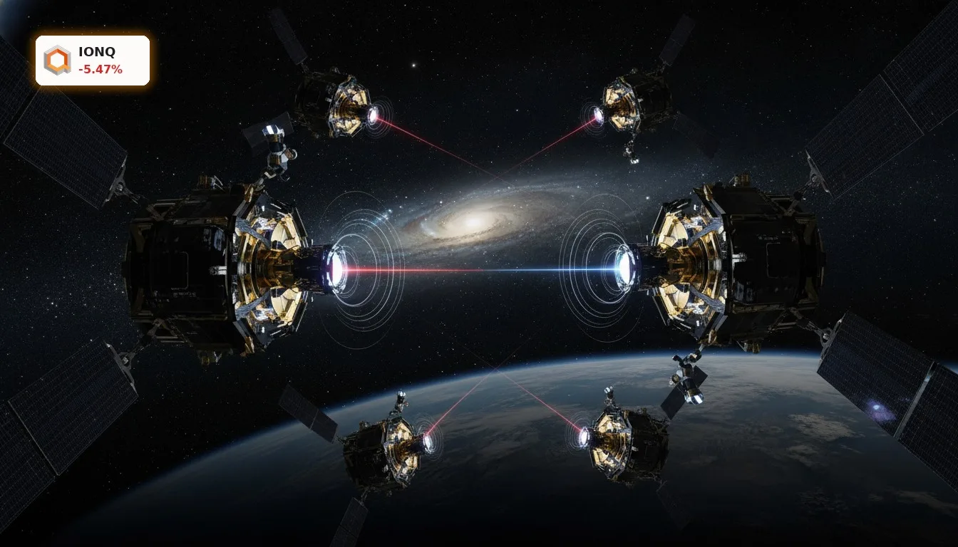 IonQ Skyloom -5.5%: Massive Insider-Verkäufe schockieren Anleger 4 Detailaufnahme eines IonQ Skyloom optischen Terminals mit Laserkomponenten für Satellitenkommunikation im Weltraum.