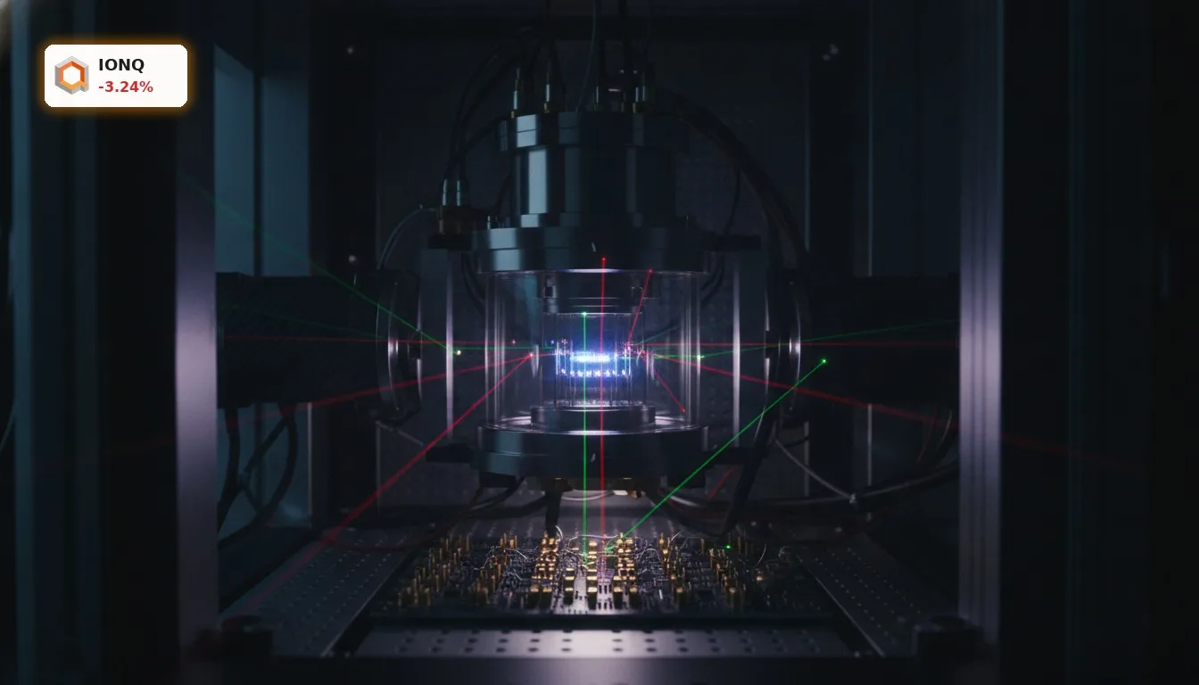 IonQ Quartalszahlen: Rekordquartal trotz 3,2% Kursrutsch 4 Nahaufnahme von IonQs Ionenfallen-Quantencomputer-Hardware mit leuchtenden Ionen, die IonQ Quartalszahlen widerspiegeln.