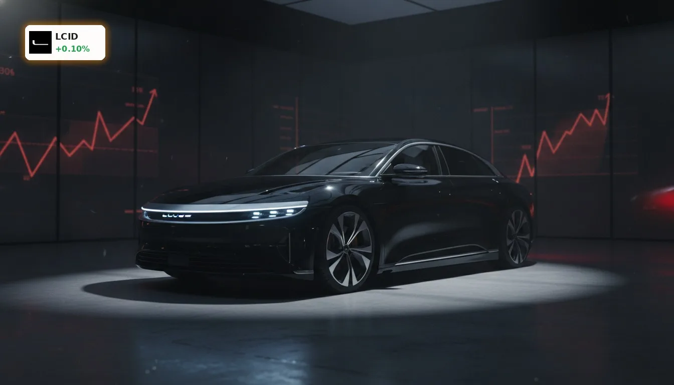 Lucid Air Elektroauto im Studio, im Hintergrund stilisierte Grafiken für Zinsanstieg und Tarifdrohungen, Lucid Group Makro.