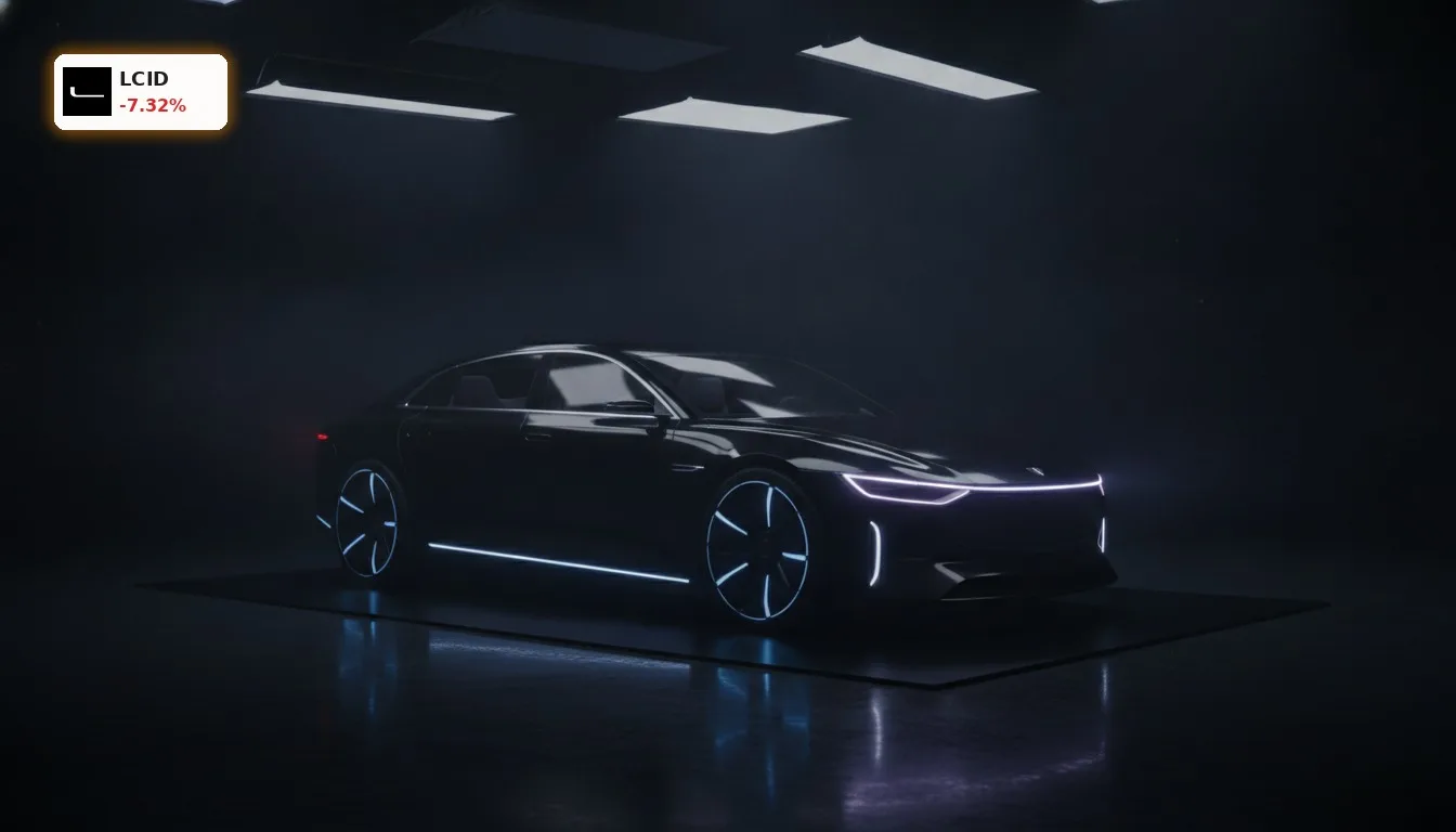 Luxuriöses Elektroauto in dunklem Studio, symbolisiert die Lucid Group Restrukturierung und neue Modelle.