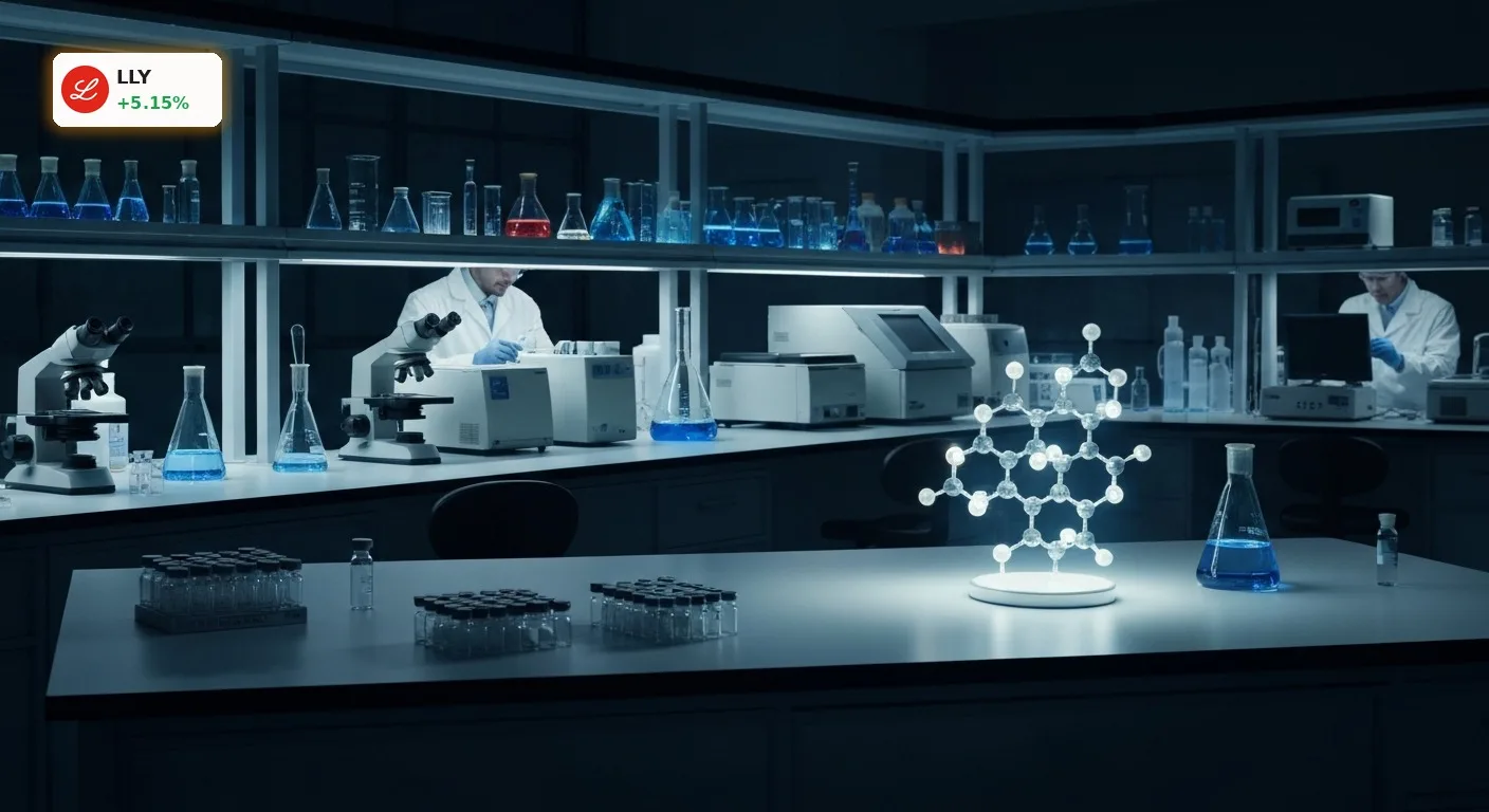 Modernes Pharmalabor mit Forschenden und molekularer Struktur, symbolisiert Eli Lilly Quartalszahlen und Medikamentenentwicklung.