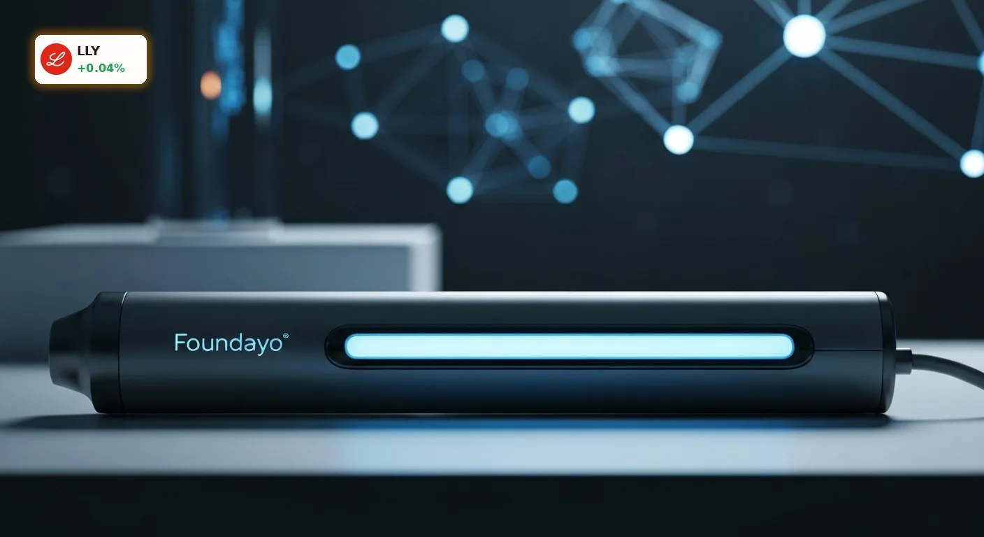 Eli Lilly Foundayo: 14% Zuwachs und KI-Partnerschaft mit Nvidia auf Kurs 4 Futuristischer Eli Lilly Foundayo Medikamenten-Pen mit blauer Beleuchtung auf Labortisch, umgeben von KI-Netzwerk-Symbolen