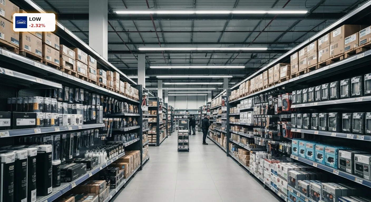 Innenansicht eines grossen, modernen Baumarkts mit breiten Gängen und gut sortierten Regalen. Lowe's Quartal.