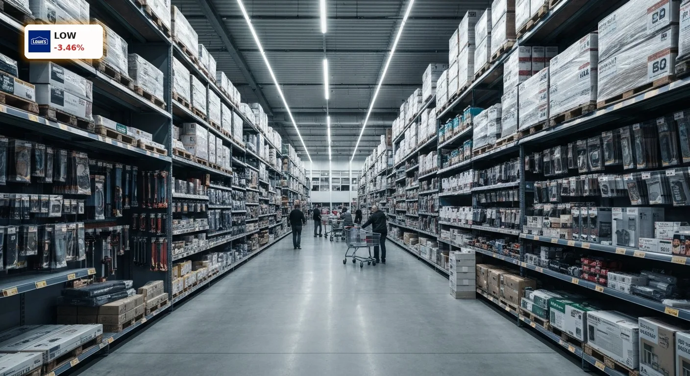 Lowe's Quartal: Aktie fällt 3,5% nach gesenktem Jahresausblick 1 Innenansicht eines modernen Baumarktes mit breiten Gängen und Regalen voller Heimwerkerartikel, im Kontext des Lowe's Quartal.