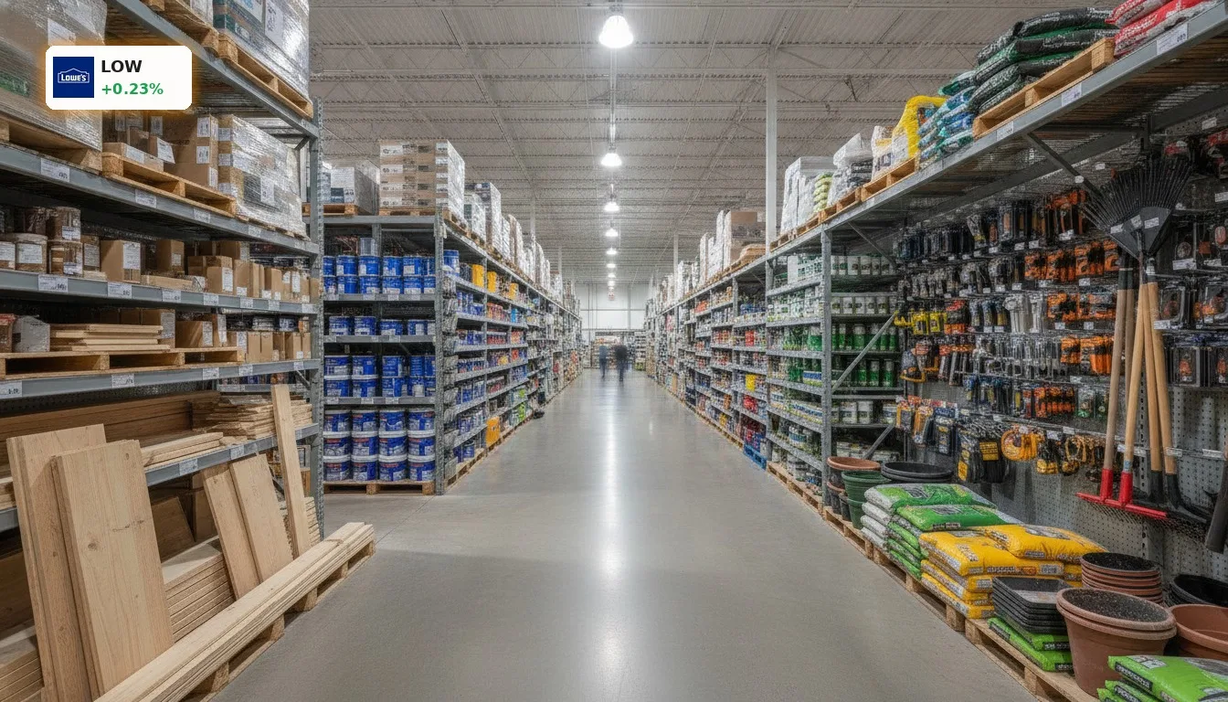 Lowe's Quartalszahlen: Strategische Unterschiede zu Home Depot im angespannten Housing-Markt 4 Lange Regalreihe in einem Baumarkt mit Baumaterialien, Werkzeugen und Farben, die Lowe's Quartalszahlen thematisiert.