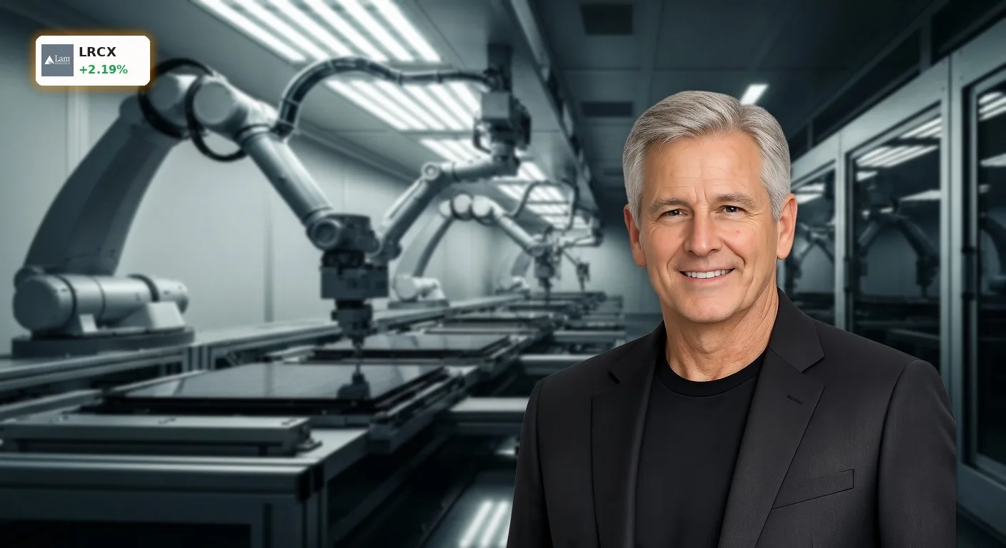 Lam Research CEO Verkauf: Timothy Archer veräußert Aktien für 9 Millionen Dollar 3 Roboterarm in einem Halbleiter-Reinraum, der Siliziumwafer bearbeitet, symbolisiert Lam Research CEO Verkauf.