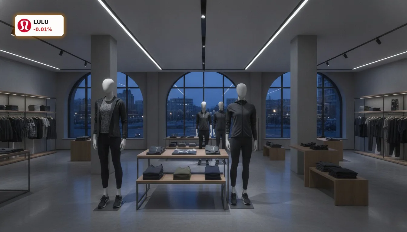 Edles Sportbekleidungsgeschäft bei Dämmerung, das die Zurückhaltung der Lululemon Analysten widerspiegelt.