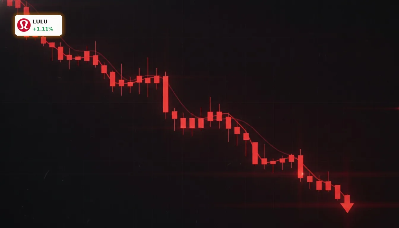 Stilisierter roter Candlestick-Chart, der einen starken Kurssturz und Gewinneinbruch für das Lululemon Quartal darstellt.