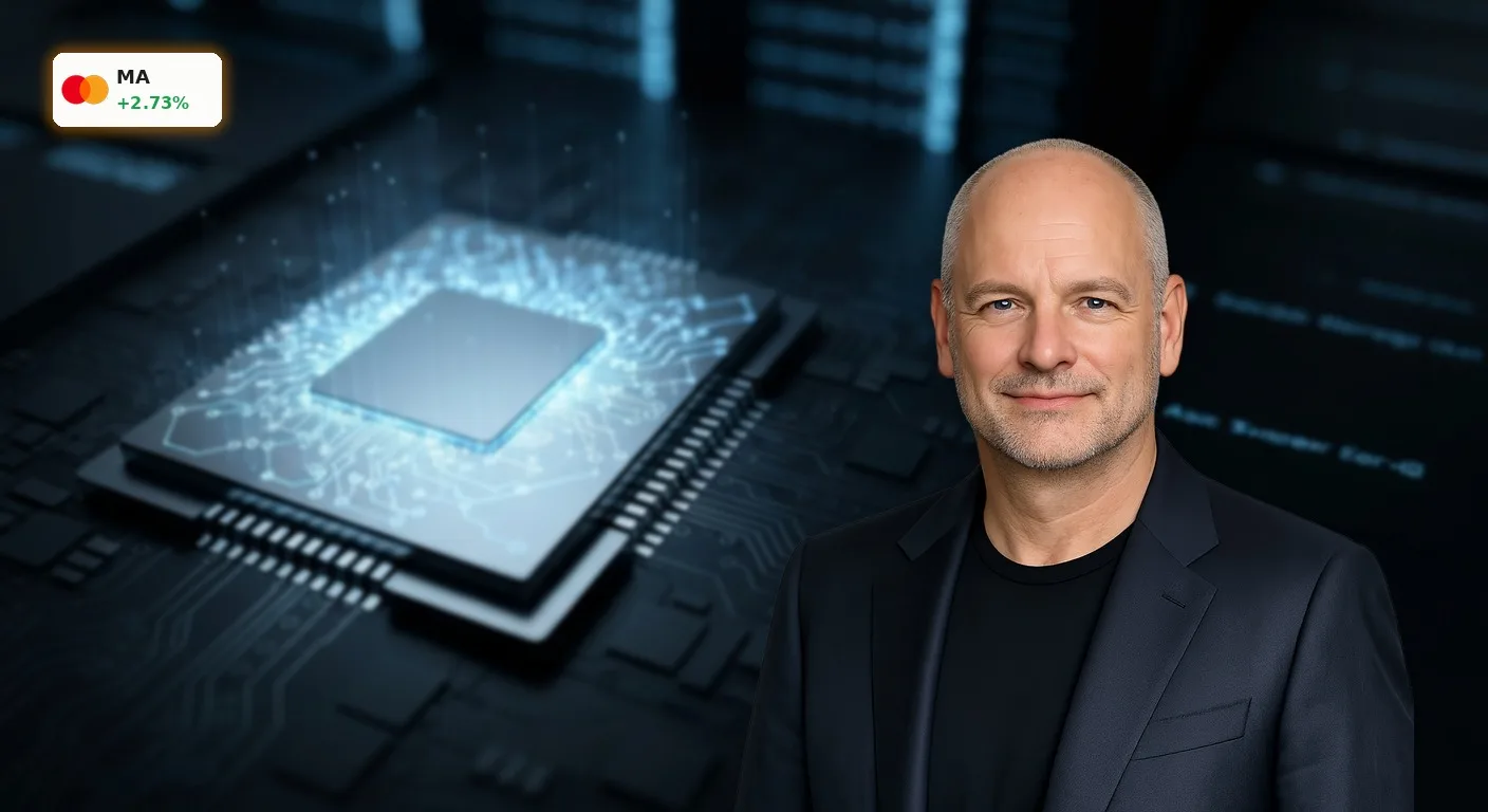 Futuristischer Mikrochip mit leuchtenden Bahnen, der die Mastercard Stablecoin Technologie für digitale Zahlungen symbolisiert.