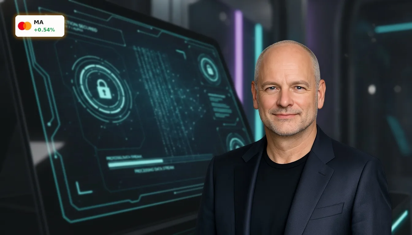 Mastercard Strategie: CEO Miebach über KI-Zahlungen und 12% Umsatz-Boom 3 Futuristisches Terminal für sichere KI-basierte Zahlungen, symbolisierend die innovative Mastercard Strategie.