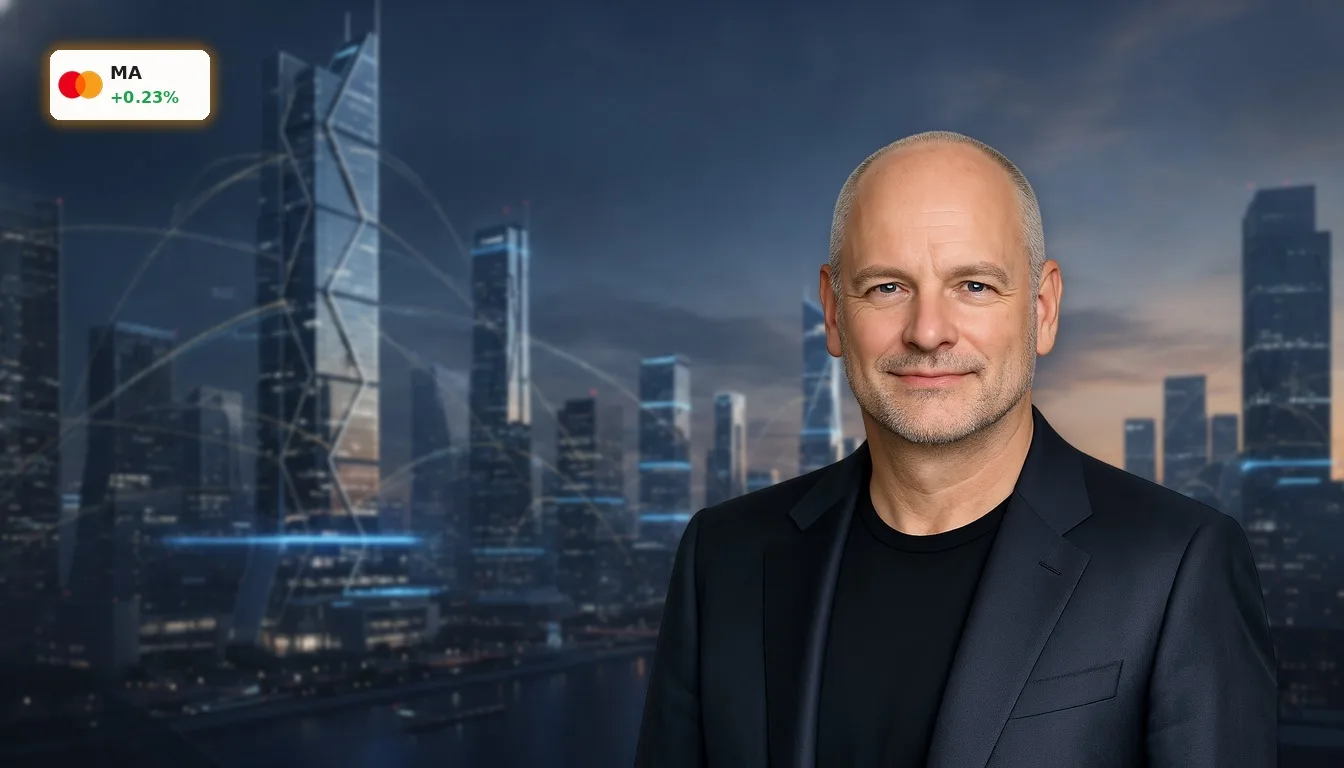 Mastercard Trump Käufe: Aktie im Aufwind – CEO blickt optimistisch in die Zukunft 4 Futuristische Finanzdistrikt-Skyline bei Nacht, mit digitalen Datenflüssen zwischen den Gebäuden. Mastercard Trump Käufe.