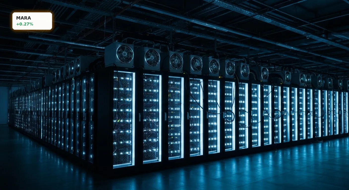 Modernes Rechenzentrum für Kryptowährungs-Mining zur MARA Kursanalyse, beleuchtete Serverreihen in dunkler Umgebung.
