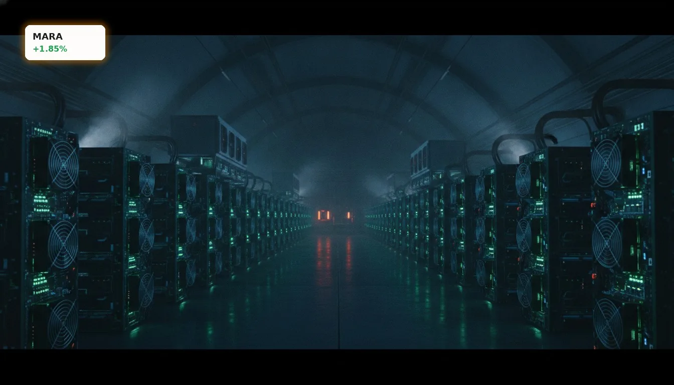 MARA Krypto: Bitcoin-Boom treibt Miner-Aktie um 1.8% an 3 Moderne Kryptowährungs-Mining-Farm mit leuchtenden Servern bei Nacht, symbolisiert MARA Krypto.