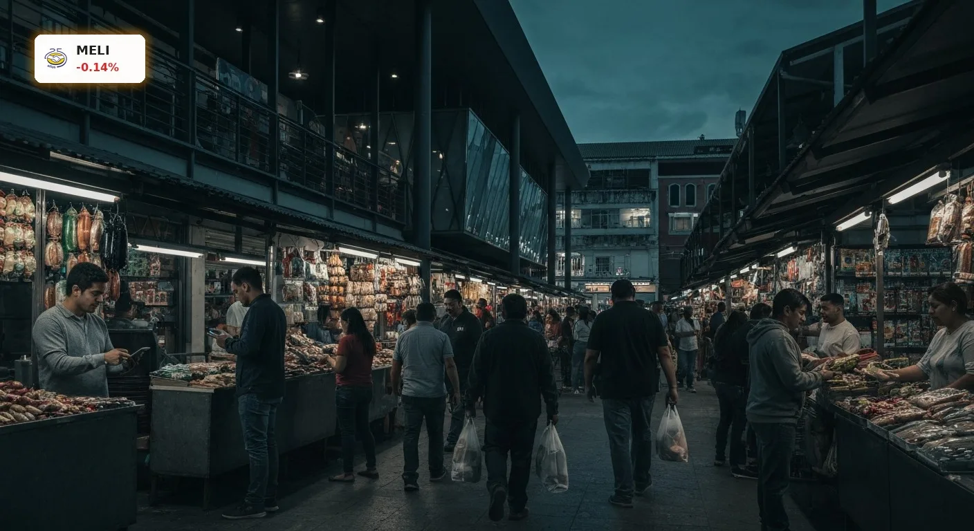 MercadoLibre Quartal: Rekordumsatz im Q2 trotz Gewinnrückgang 3 Lateinamerikanischer Marktplatz bei Sonnenuntergang, beleuchtet von Bildschirmen und Markständen, symbolisiert MercadoLibre Quartal.
