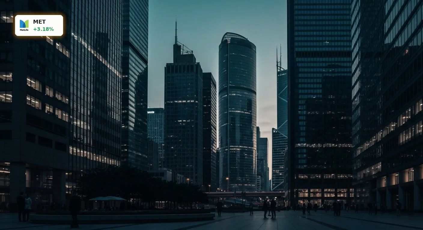 Dunkles, cineastisches Bild eines geschäftigen Finanzdistrikts bei Dämmerung, das die Stärke des MetLife Versicherer symbolisiert.
