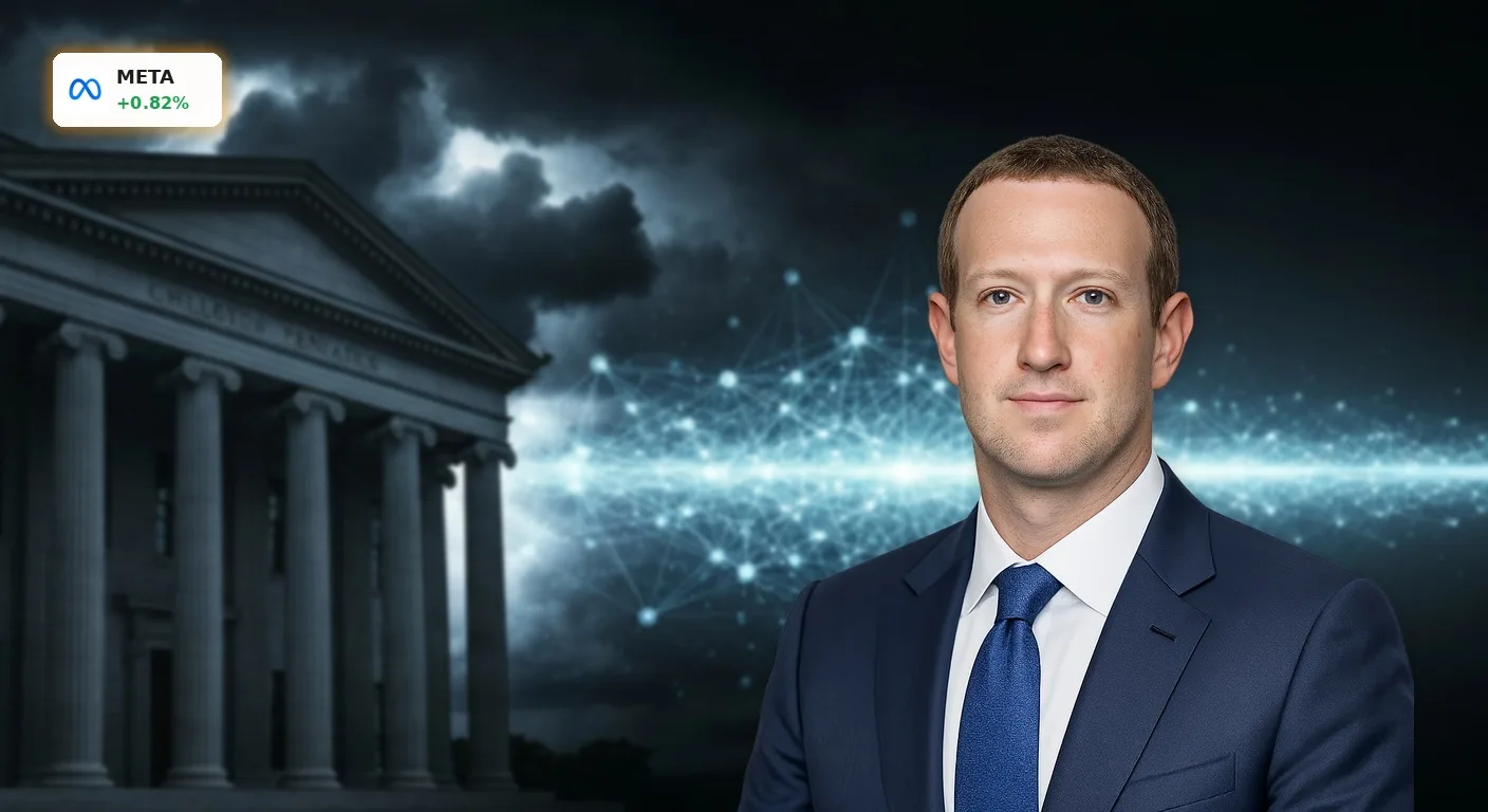 Gerichtsfassade und leuchtendes KI-Netzwerk symbolisieren Meta Kinderschutz Urteil und technologischen Fortschritt.
