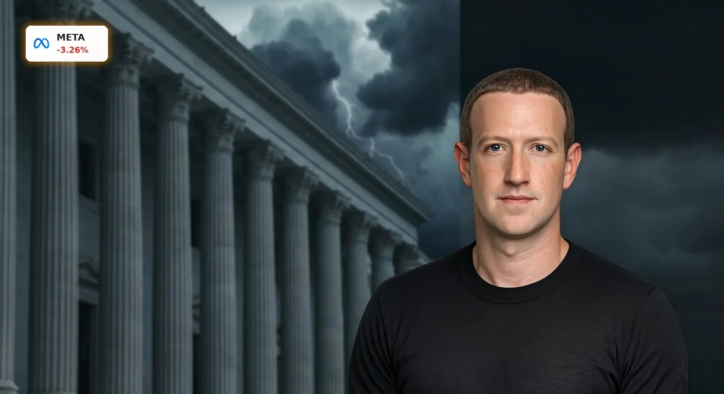 Meta Klage: Milliardenforderungen bedrohen KI-Strategie und Aktie 3 Massive klassische Gerichtssäulen unter drohenden Sturmwolken, symbolisieren die Meta Klage und finanzielle Bedrohung.