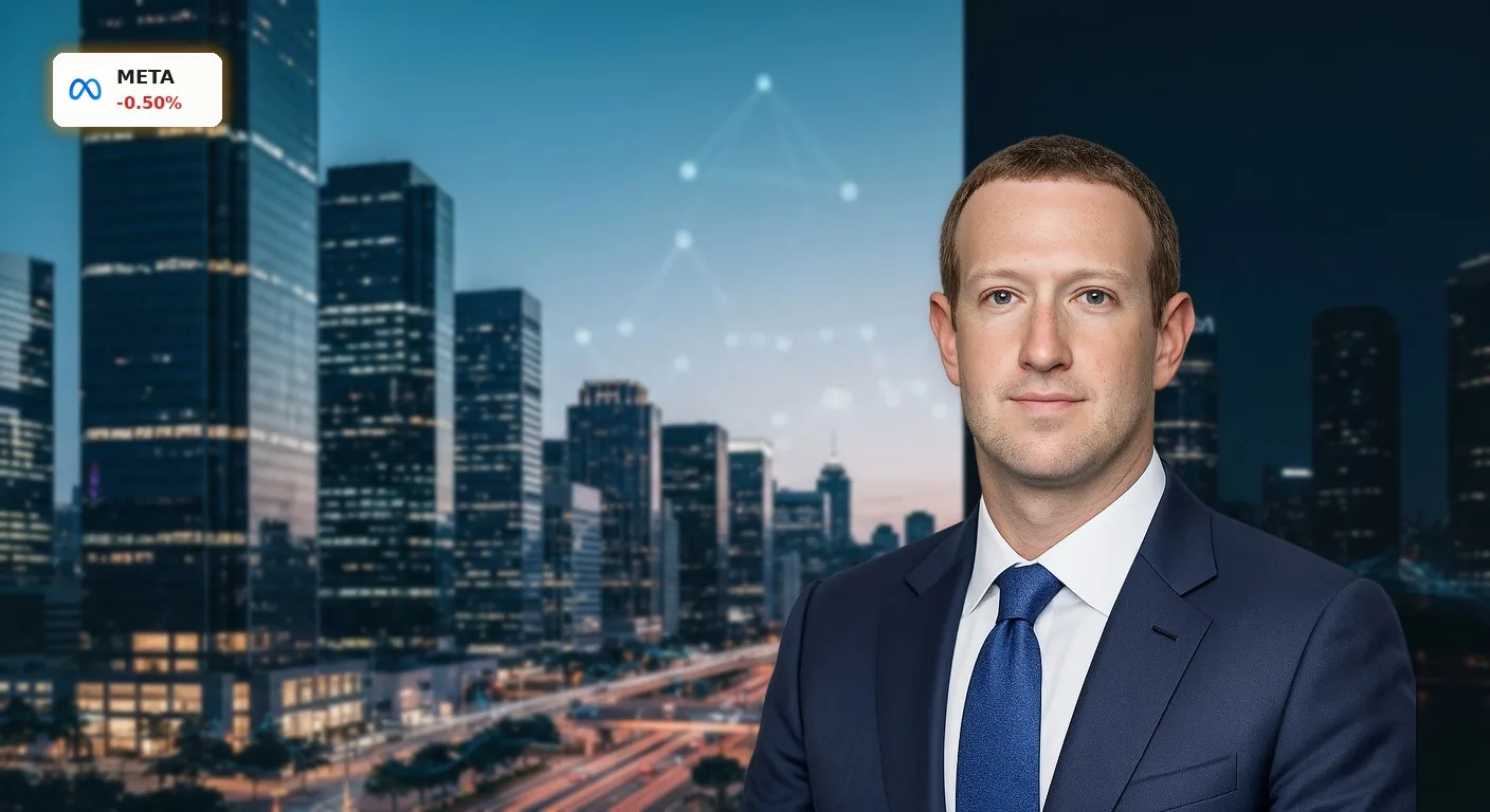Futuristischer Finanzdistrikt bei Dämmerung, der die dynamische Welt der Meta Beteiligungen und Tech-Investitionen symbolisiert.