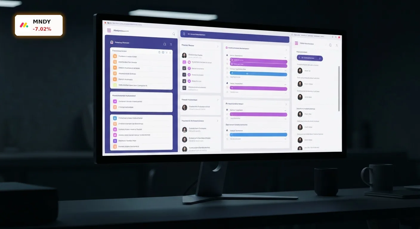 Monday.com Quartalszahlen: -7% Schock nach verhaltener Prognose 3 Moderne Projektmanagement-Software-Oberfläche auf einem Monitor, die Monday.com Quartalszahlen visuell darstellt.