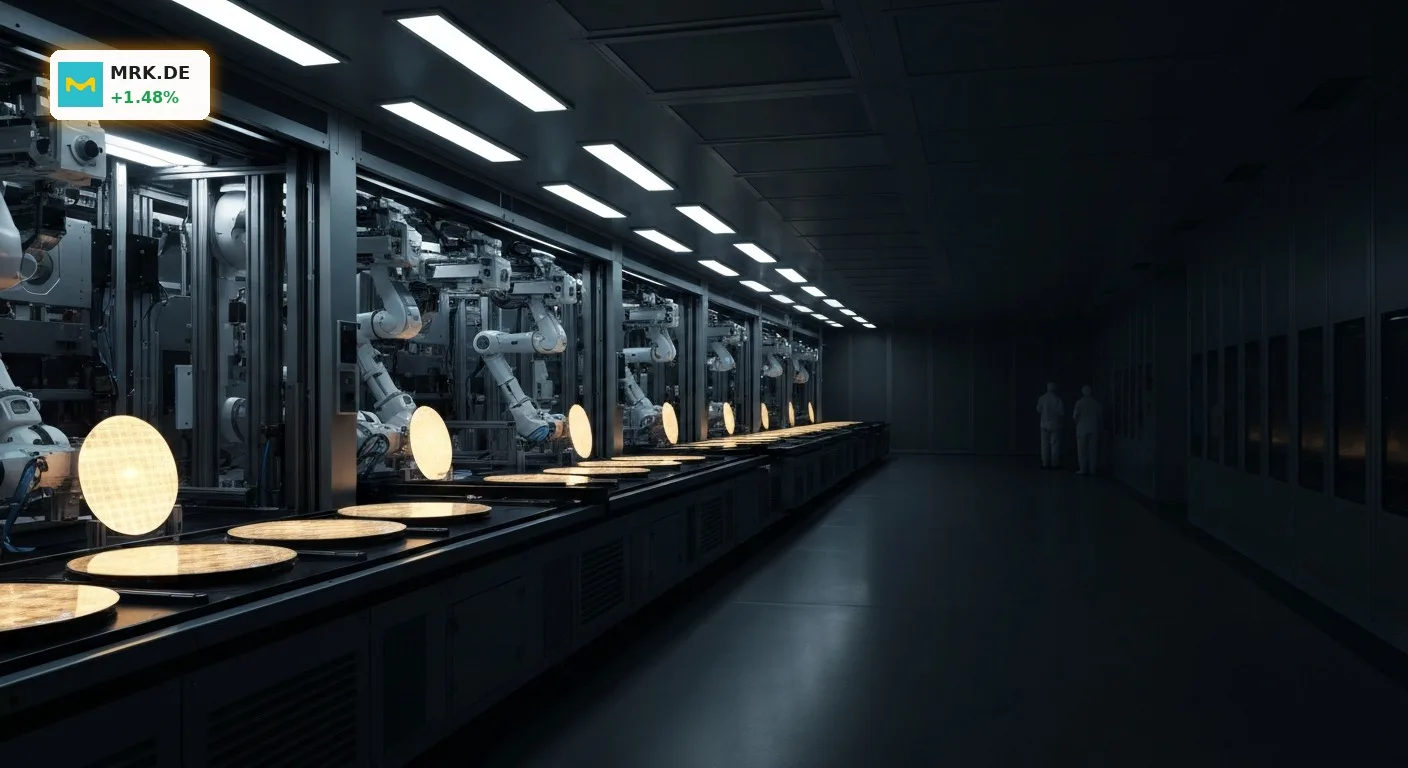 Moderner Reinraum für Halbleiterfertigung, symbolisiert Wachstum im Merck KGaA Quartal und KI-Boom.