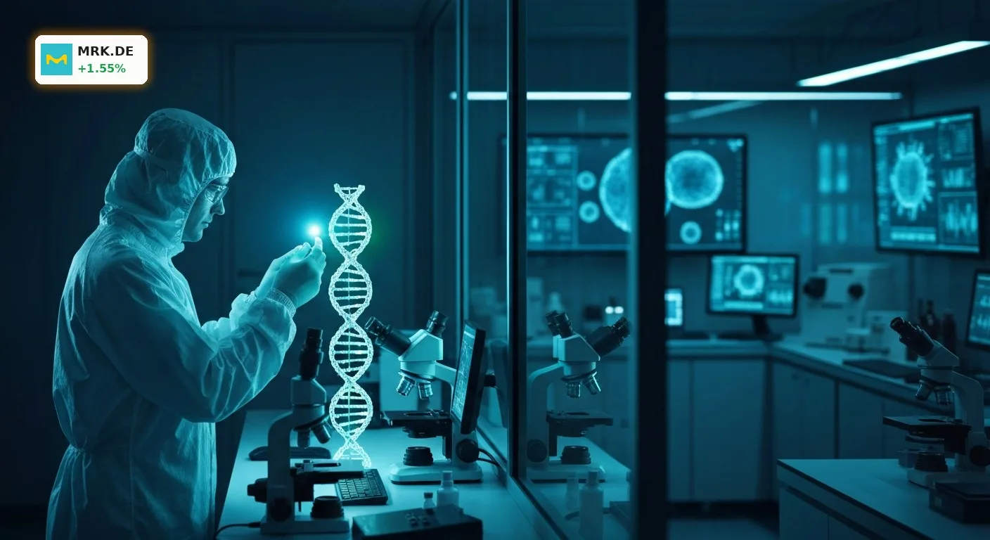 Merck Moderna Melanom Impfung: Bahnbrechender Erfolg in Phase-3-Studie lässt Aktien steigen 3 Wissenschaftler im Labor erforscht DNA-Helix, symbolisiert den Erfolg der Merck Moderna Melanom Impfung.
