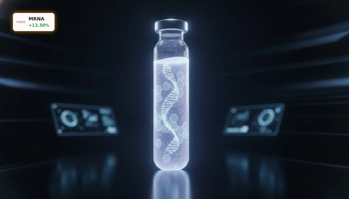 Nahaufnahme eines futuristischen Fläschchens mit dem Moderna Krebsimpfstoff in einem dunklen Labor.