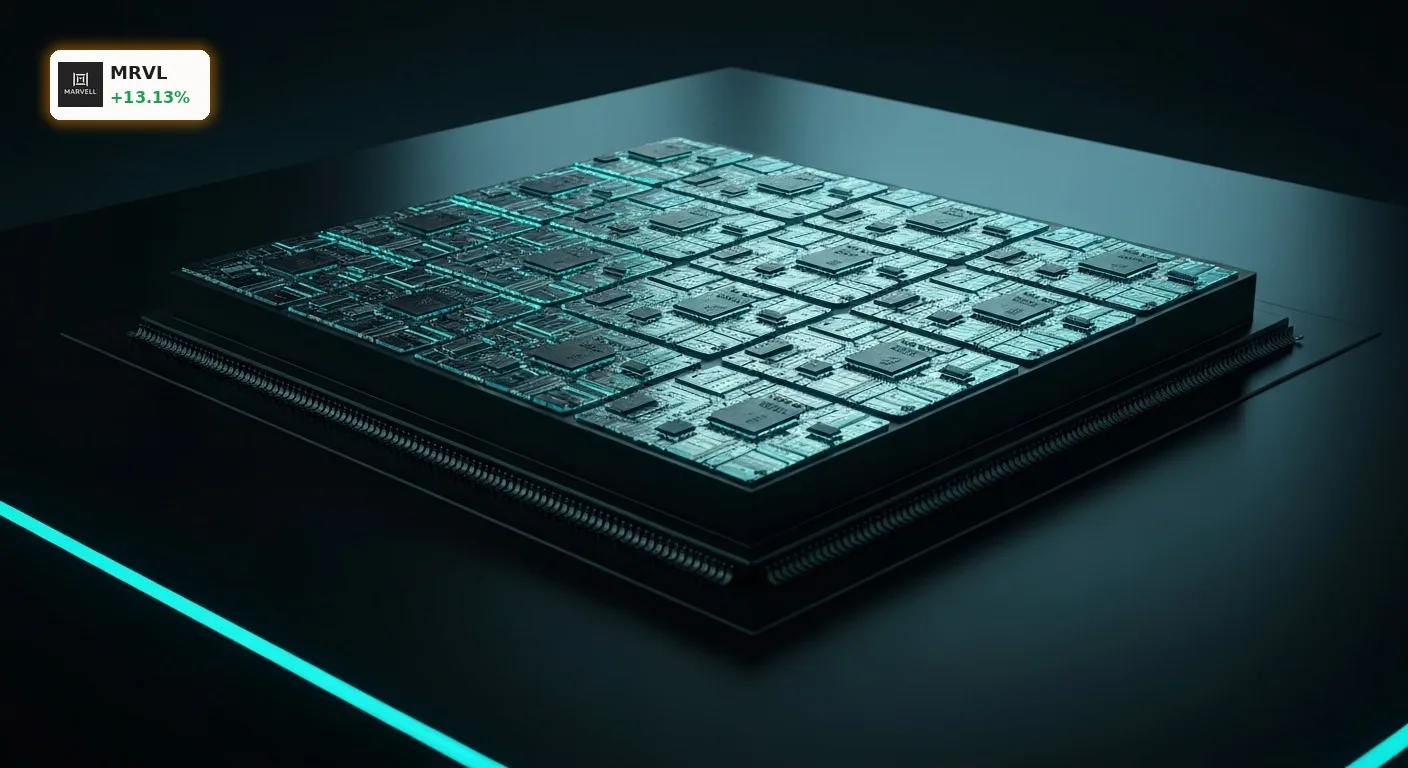 Nahaufnahme eines futuristischen Silizium-Wafers von Marvell Technology mit komplexen Schaltkreisen, der die Marvell Technology Quartalszahlen widerspiegelt.