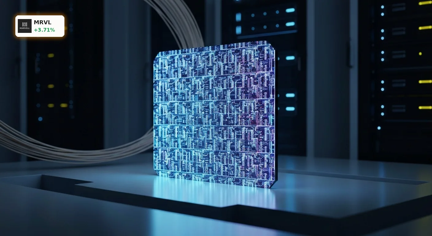 Nahaufnahme eines leuchtenden Marvell Technology Silizium-Wafers in einem futuristischen Rechenzentrum, beleuchtet in Blau und Lila. Marvell Technology Analysten sehen Wachstum.